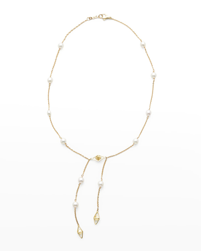 Pearls By Shari 18k Yellow Gold 7-8mm Akoya Pearl And Cubes Drop Necklace, 17"l