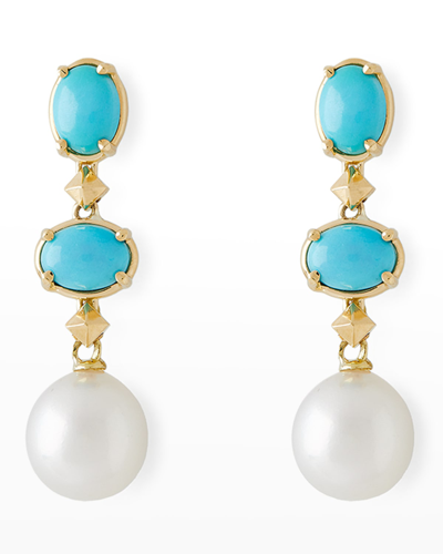 Pearls By Shari 18k Yellow Gold Oval Turquoise, 11mm South Sea Pearl And Small Cube Drop Earrings