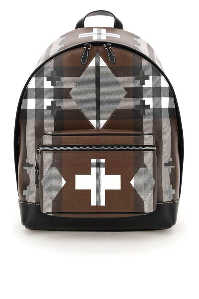 Burberry Geometric Check Coated Canvas Backpack In Brown,white