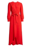 Fraiche By J Wrap Front Long Sleeve Dress In Red