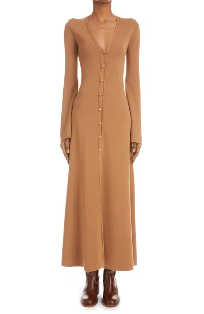 Chloé Long Sleeve Merino Wool Cardigan Dress In Worn Brown