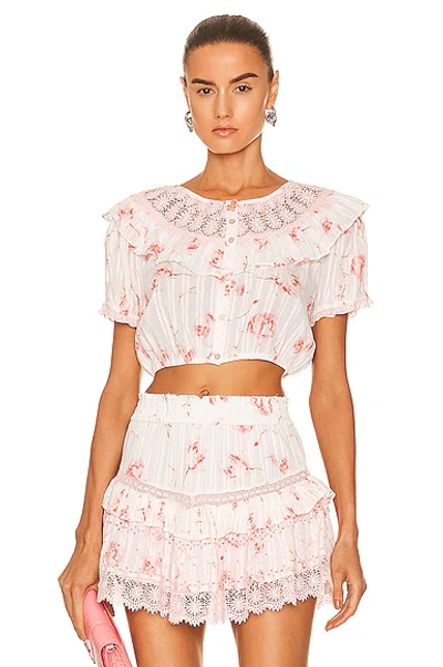 Loveshackfancy Elania Cropped Lace- And Crochet-trimmed Floral-print Cotton-voile Top In Pink