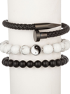 EYE CANDY LA MEN'S DANIEL 3-PIECE ONYX, HOWLITE & LEATHER YIN YANG BRACELET SET