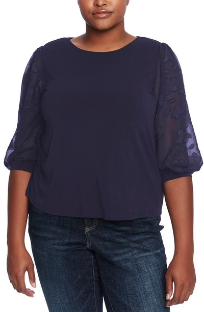 Cece Voluminous Lace Sleeve Top In Navy J