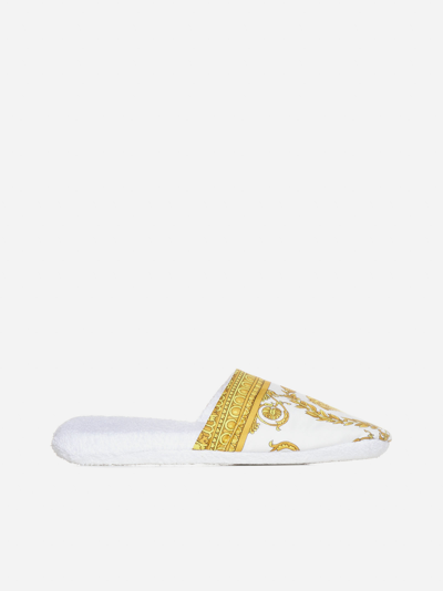 Versace Home I Love Baroque Cotton Slippers In White,gold
