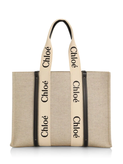 Chloé Woody Large Logo Canvas Shopper Tote Bag In White/blue