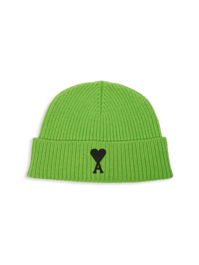 Ami Alexandre Mattiussi Logo Heart Patch Wool Knit Hat In Green