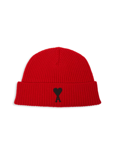 Ami Alexandre Mattiussi Logo Heart Patch Wool Knit Hat In Red