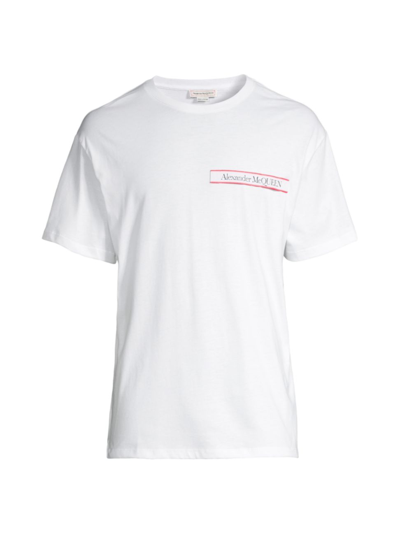 Alexander Mcqueen White Crewneck T-shirt With Logo Tape In Cotton Jersey Man