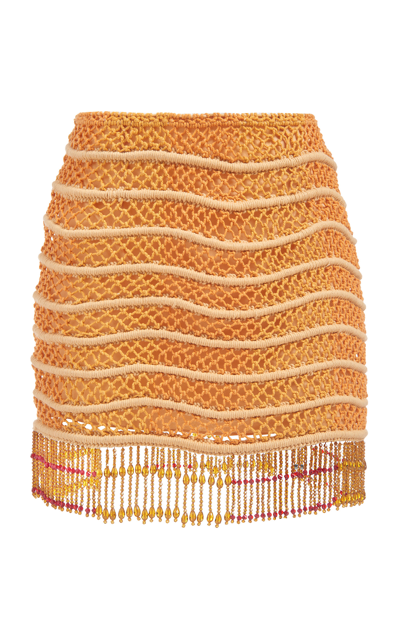 Markarian Passion Flower Beaded Cotton-macrame Skirt In Orange