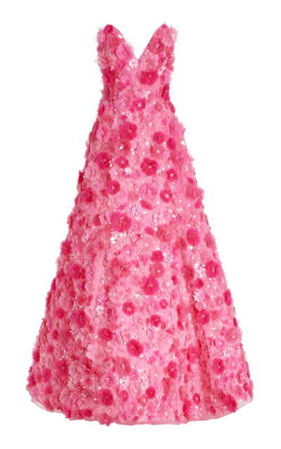 Carolina Herrera 3d Floral Applique Silk Gown With Shrug In Multi