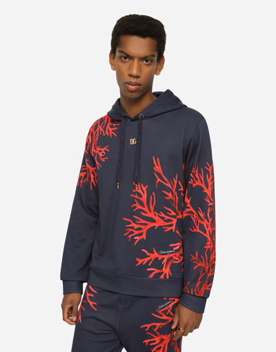 Dolce & Gabbana Jersey Hoodie With Coral Print In Coralli_fdo_blu