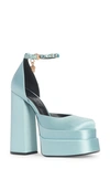 Versace 155mm La Medusa Platform Satin Mary Janes In Forget Me Not- Gold