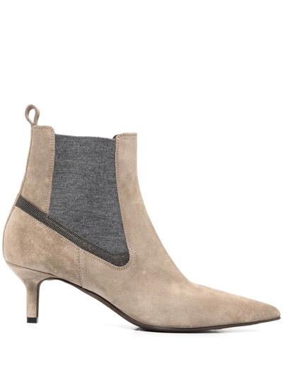 Brunello Cucinelli Suede Cashmere Kitten-heel Ankle Booties In Light Taupe