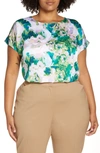 Halogen Cap Sleeve Satin Top In Green Multi Wax Melt