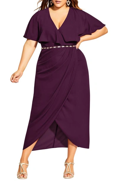 City Chic Enchant Cape Sleeve Belted Maxi Dress In Mulberry