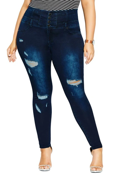 City Chic Asha Ripped Skinny Jeans In Dark Denim
