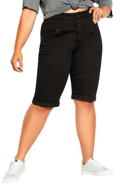 City Chic High Waist Cuffed Denim Bermuda Shorts In Black