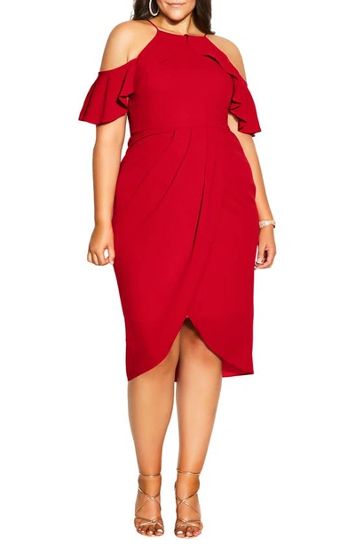 City Chic Cold Shoulder Ruffle Layered Dress In Siren Red