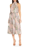 Adrianna Papell Watercolor Floral Halter Neck Chiffon Midi Dress In Blush Multi