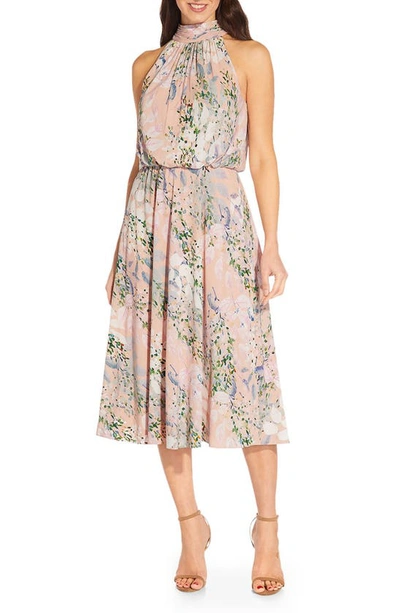 Adrianna Papell Watercolor Floral Halter Neck Chiffon Midi Dress In Blush Multi