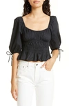 Staud Faye Cropped Shirred Stretch-cotton Top In Black