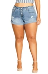 City Chic Distressed Cuff Denim Shorts In Light Denim