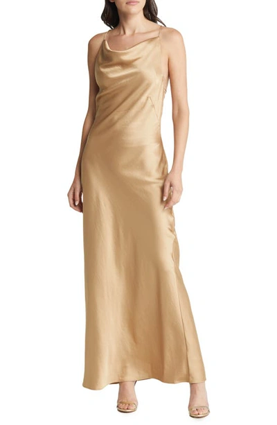 Significant Other Aila Cowl Neck Strappy Satin Gown In Tan