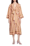 Sandro True Floral Stripe-print Silk Midi Dress In Green / Orange