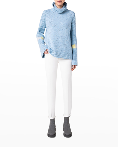 Akris Colorblock Detail Cashmere Tweed Turtleneck Sweater In Ice Blue