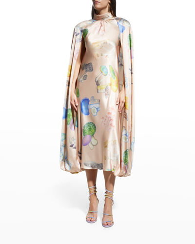Rodarte Mushroom-print Silk Cape Midi Dress In Taupe