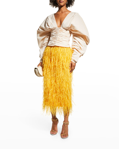 Aliétte Ostrich Feather Midi Skirt In Mango