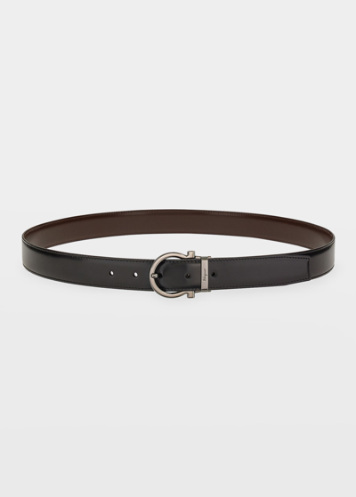 Ferragamo Men's Double Adjustable Gancino Leather Belt In Black