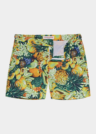 Orlebar Brown Bulldog Club Tropicana Quick Dry Fruit Print Tailored Fit Swim Trunks In Amber/mimosa