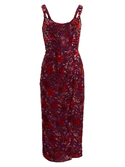 Markarian Marla Side-slit Metallic Velvet Burnout Midi Dress In Burgundy Floral B