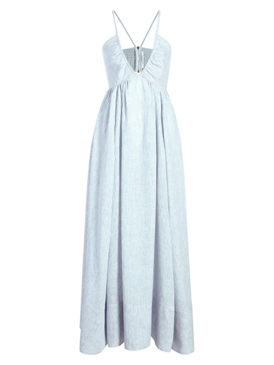 Another Tomorrow Striped Organic-linen Halter Neck Dress In White Blue Stripe