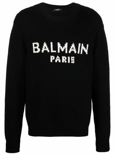 Balmain Logo-intarsia Knitted Jumper In Black