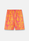 Versace Barocco Silhouette-print Silk Shorts In Yellow+pink