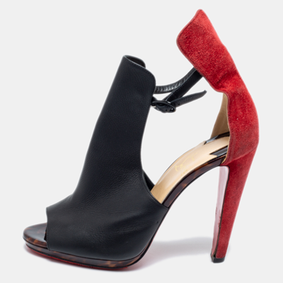 Pre-owned Christian Louboutin Black/red Suede And Leather Barabara Cutout Ankle Boots Size 40