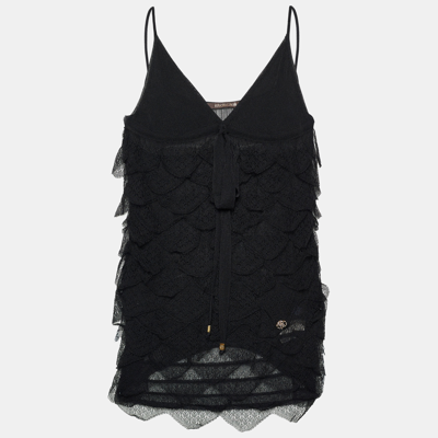 Pre-owned Roberto Cavalli Black Lace Frill Detail Sleeveless Top S