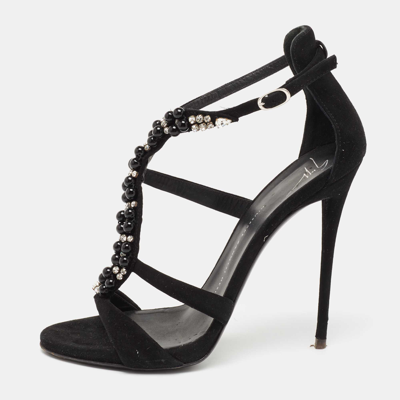 Pre-owned Giuseppe Zanotti Black Suede Crystal Embellished T-strap Sandals Size 39