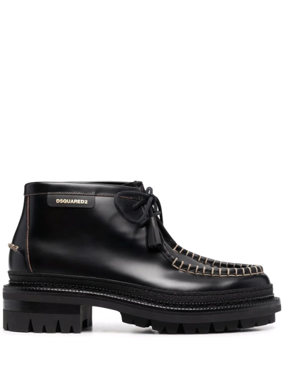 Dsquared2 Logo Plaque Leather Ankle Boots In Black