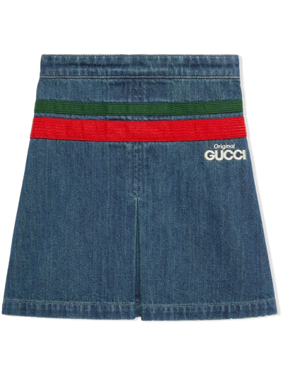 Gucci Kids' Web Stripe Pleated Denim Skirt In Jeans