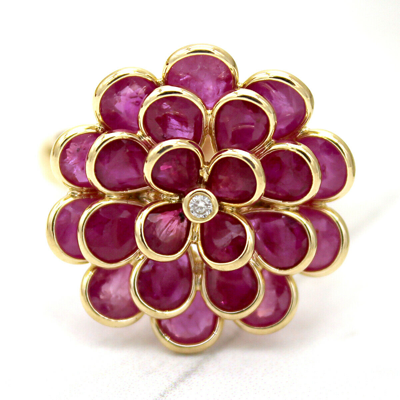 Pre-owned Archariel Natural Flower Ruby Diamond Statement Ring 18kt Solid Yellow Gold 3d Look Ring In Red