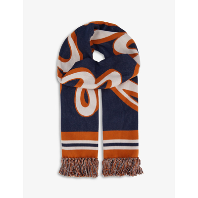 Burberry Football Fringed Cotton Scarf In Navy Black