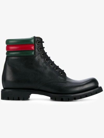 Gucci Ribbed Web Leather Worker Boots In Black