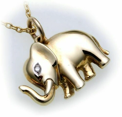 Pre-owned Markenlos Anhänger Elefant Echt Gold 585 Brillant 0,01ct Massiv Gelbgold Diamant