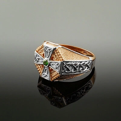 Pre-owned Claddagh Gold Zweifarbig Rosegold Keltisches Kreuz Mit Grün Cz Herren Smaragd Ring