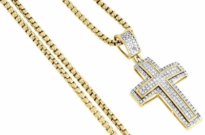 Pre-owned Jfl Diamonds & Timepieces Diamant Kreuz Anhänger Gelbgold Kuppel Pflastern Charm 0.42 Ct & Box Halskette