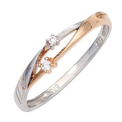 Pre-owned Jobo Goldring Bicolor, Diamantring 585 Weissgold Rotgold, 2 Diamanten, Ca. 1,4 Gramm